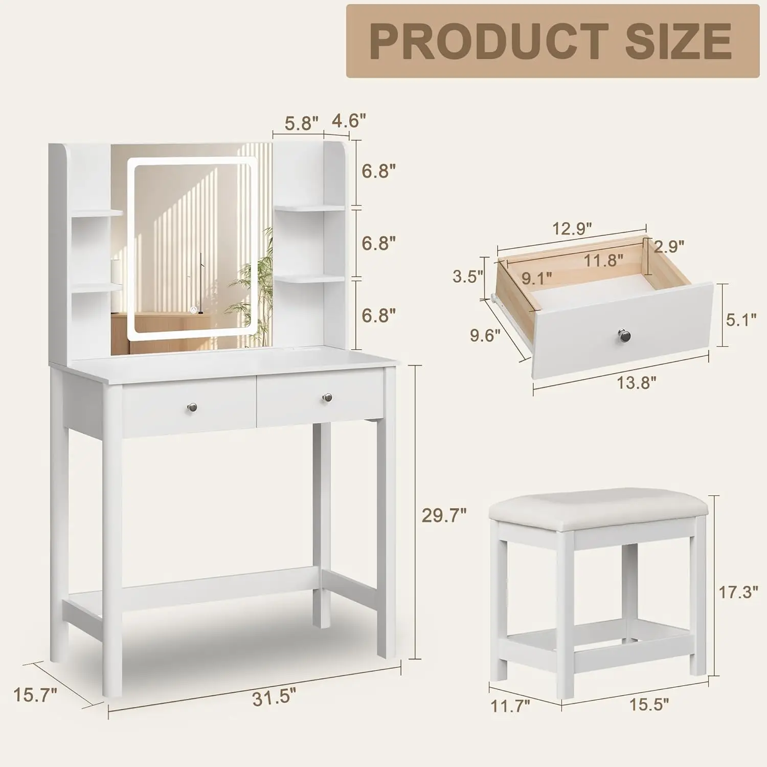 White Small Makeup Vanity Table Set with Mirror, LED Lights, Drawers, Chair and Power Outlet for Girls' Bedroom