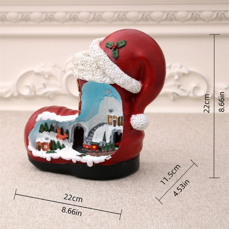 Rotating Christmas Music Box Holiday Village Piece with Musical Scene and Moving Train, Christmas Boot Form, USB or Battery Use