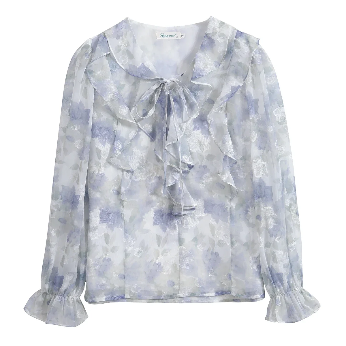 Autumn Women's Long Sleeve V-Neck French Flare Sleeve Printed Ruffle Lace Up Chiffon Shirt Womens Tops Blouse Camisas