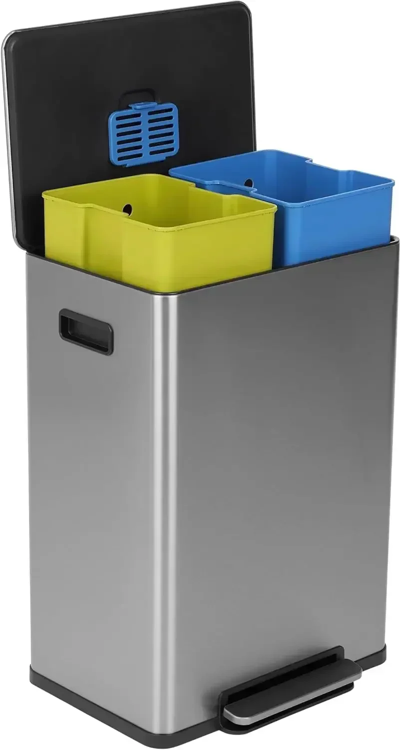 

（XMSJ-Hot）60 Liter / 16 Gallon Rectangular Hands-Free Dual Compartment Recycling Kitchen Step Trash Can with Soft-Close Single L