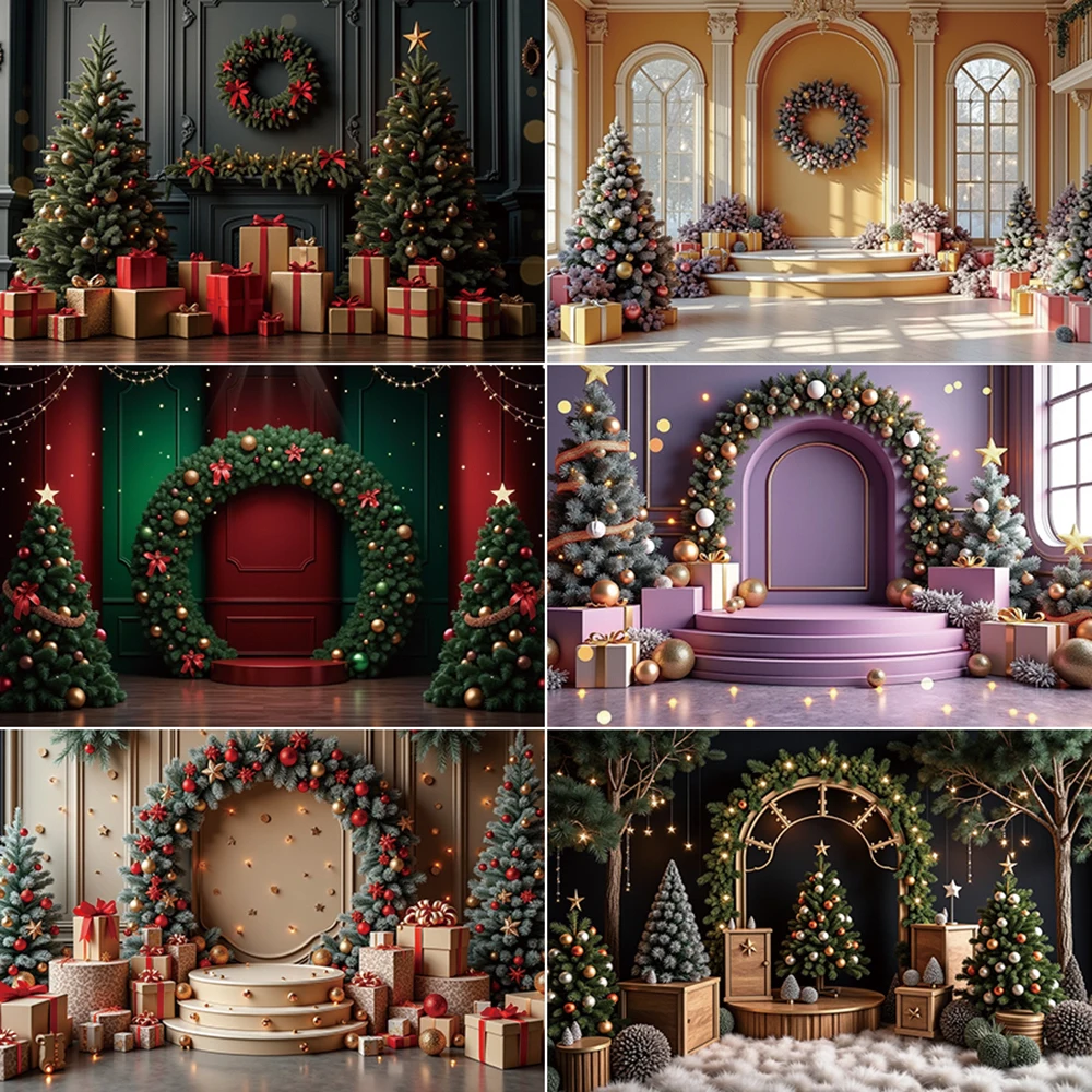 

MOON.QG Christmas Arch Indoor Photography Background Xmas Trees Nordic Style Baubles Photocall Backdrop Baby Studio Accessories