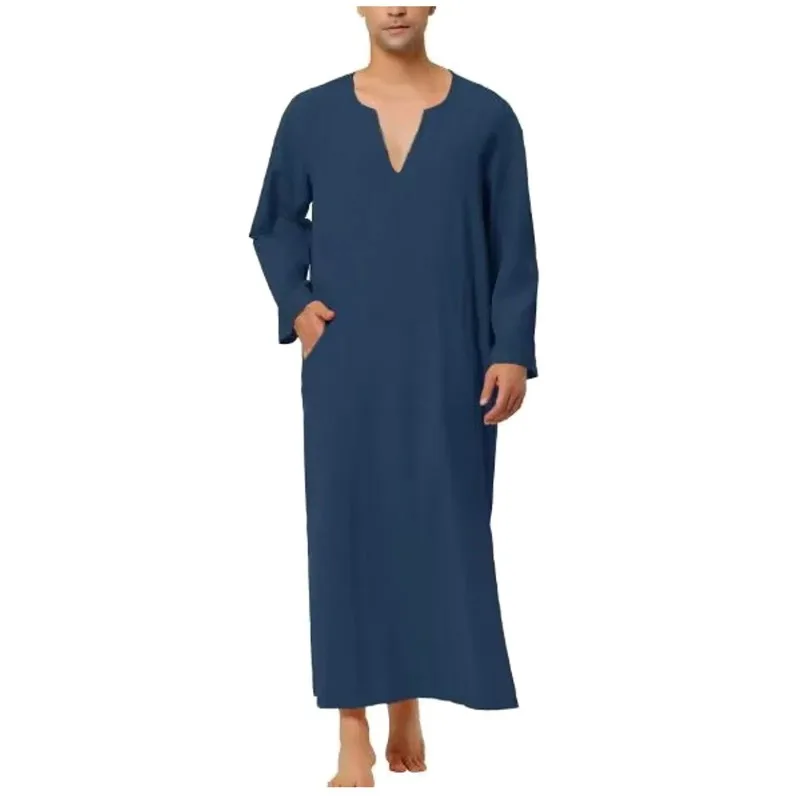 Jubah Muslim pria Linen lembut jubah Abaya Dubai gaun Islami Arab pakaian Kaftan Jubba Thobe Qamis Homme Islam kostum tradisional