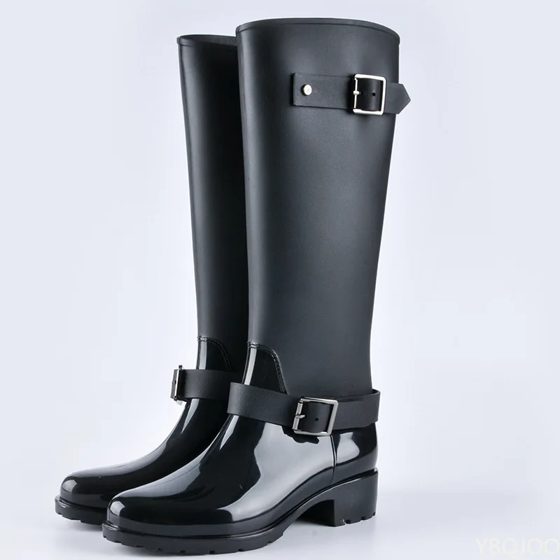 Punk Style Zipper Tall Boots Women\'s Pure Color Rain Boots Outdoor Rubber Water shoes For Female 36-41 Plus size