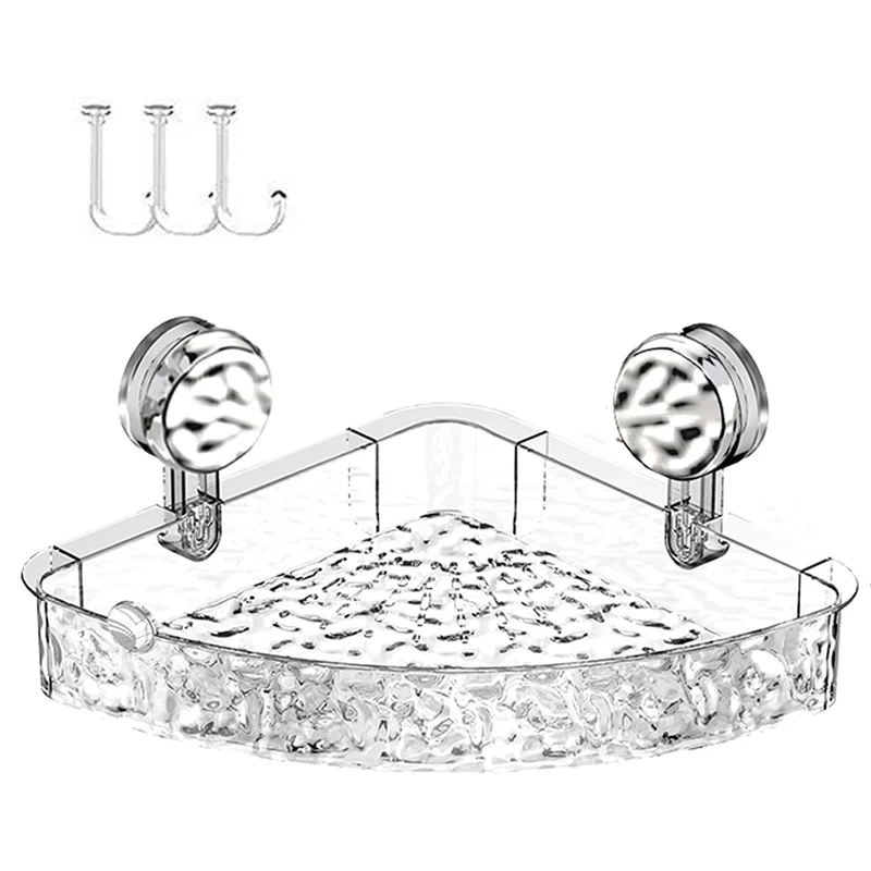 

A84X-No-Drill Suction Cup Corner Shower Shelf Corrugated Holder, Organizer With Hooks For Kitchen Bathroom