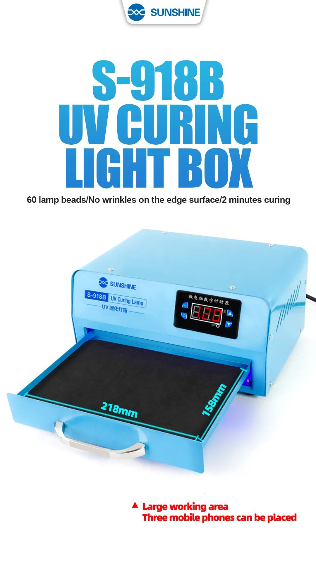 Sunshine UV curing box for LCD repair, UV glue mobile phone OCA, resin glue,3D printing, cold light source with soft pad, s-918b