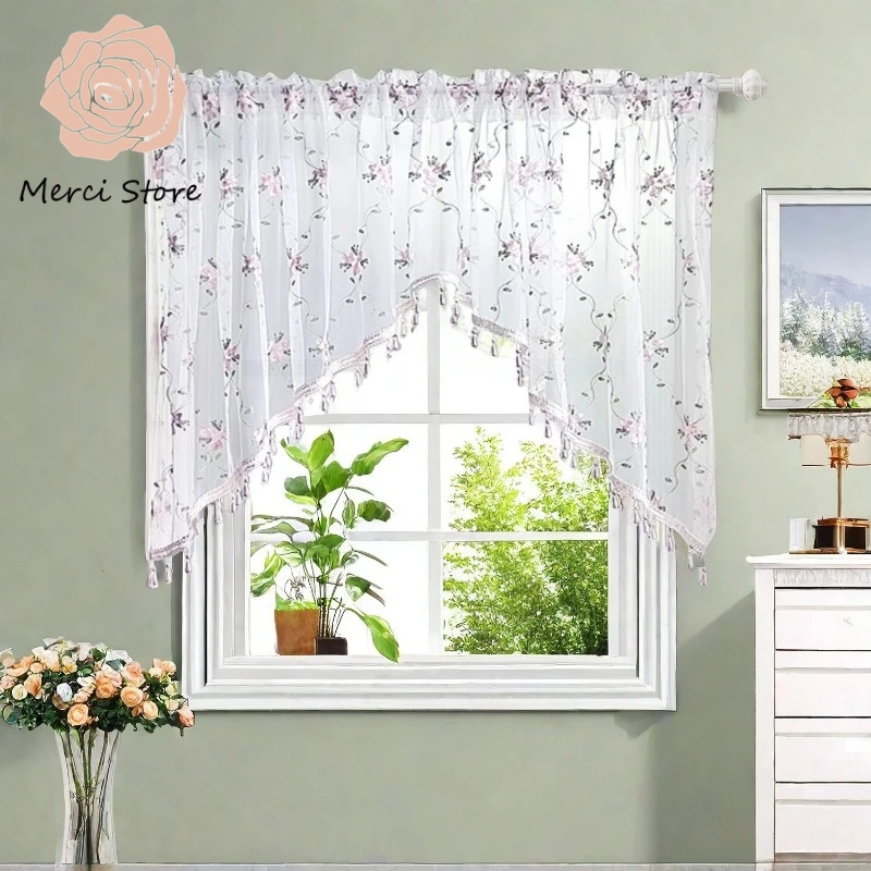 

Country Style Embroidery Flower Lace Curtain for Living Room Kitchen Vintage Farmhouse Triangle Window Treatment Decor Drapes