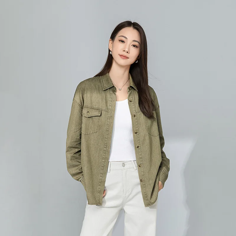 

Винтажная джинсовая рубашка Xingguo с эффектом потертости, тонкая, с длинным рукавом, женская, повседневная, из смесового хлопка, в рабочем стиле, с множеством карманов