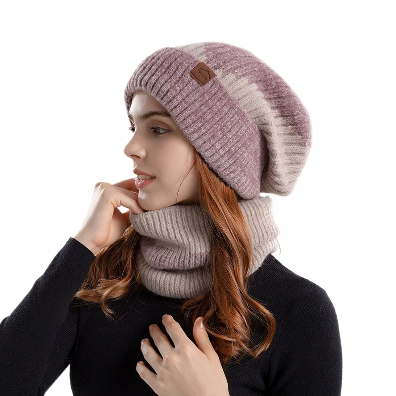 

Winter Beanies Two-tone Hat for Women Ladies Thickened Warm Ear Protection Knitted Hat with Fleece Scarf Two-piece Set