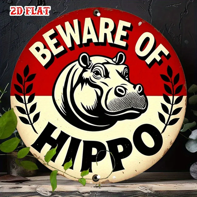 2D Flat, 2D Flat 1pc Animal Head Round Sign, Beware Hippo Round Wall Decor Warning Sign Rustic Metal Wall Art, Vintage Style M