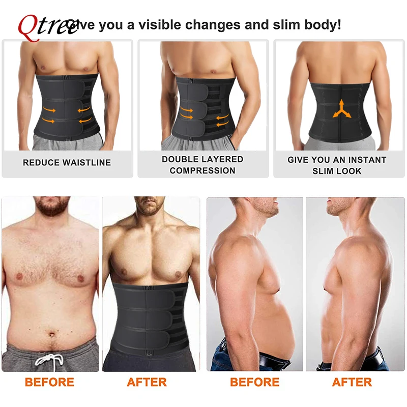 Qtree sabuk pembentuk tubuh pria, pelangsing pinggang olahraga Sauna Neoprene untuk penurun berat badan, keringat, pelangsing Fitness Shapewear