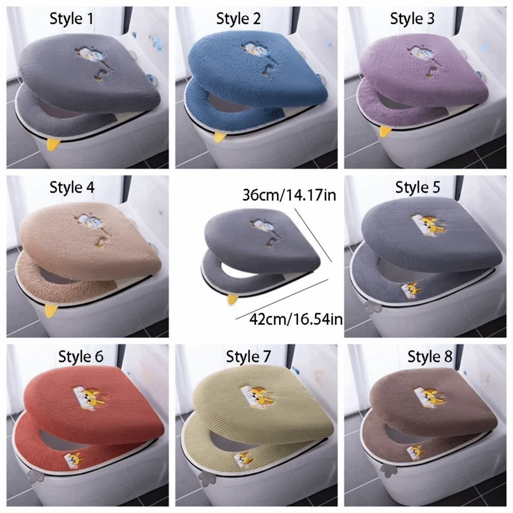 2PCS/Set Cartoon Embroidered Toilet Seat Cover Warm Soft Closestool Cover Zipper Protector Toilet Seat Cushion Cold Season