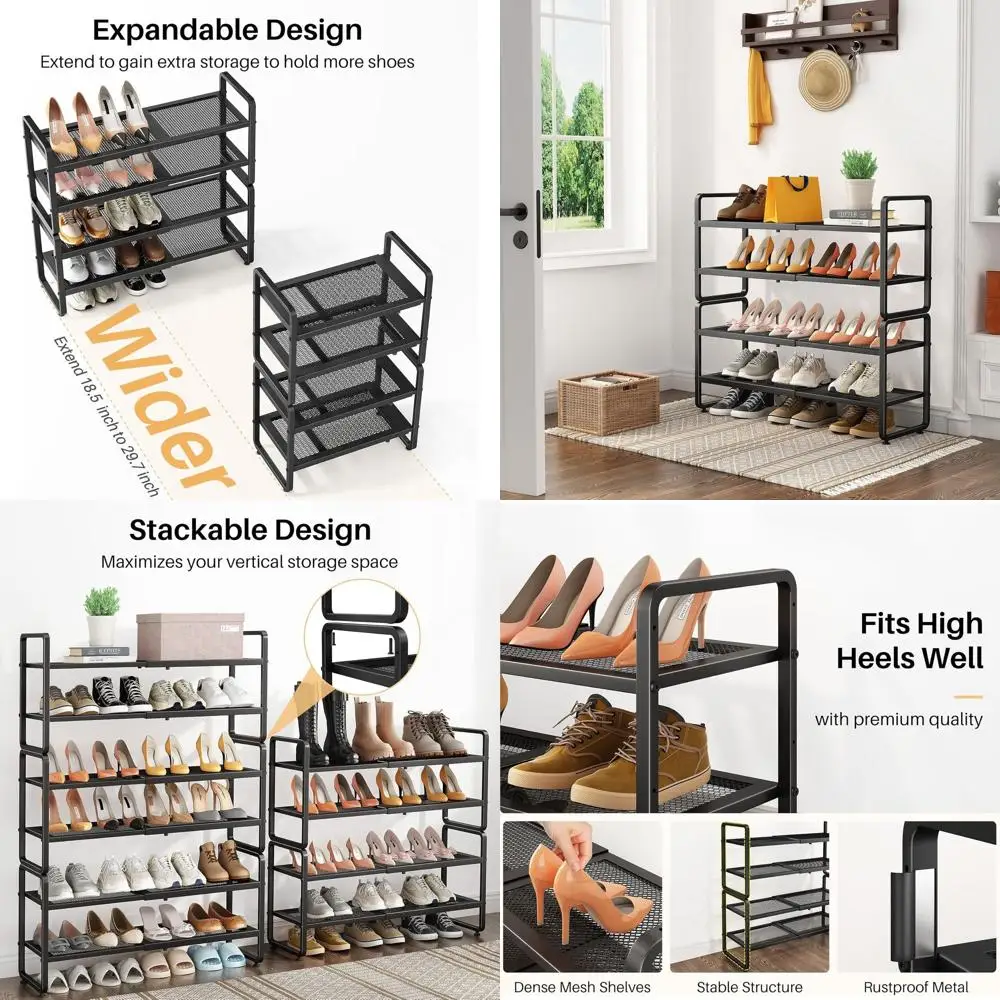 

Expandable 4-Tier Metal Shoe Rack Organizer, Adjustable Storage for Closets, Garages, and Entryways in Black