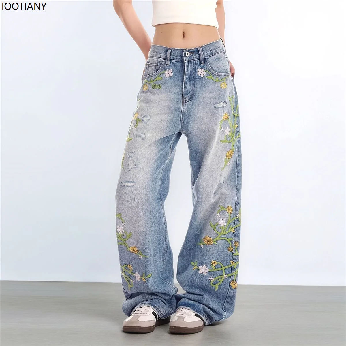 Vintage Floral Embroidery High Waist High Street Blue Straight Jeans Fashion Flower Women's Wide Leg Loose Jeans Y2k Casual Pant