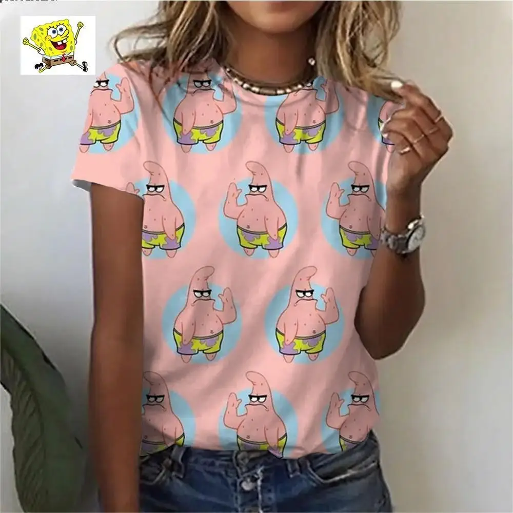 Fashionable and elegant ladies short-sleeved T-shirt 2024 Disney Spongebob cute 3D digital printed O-neck shirt