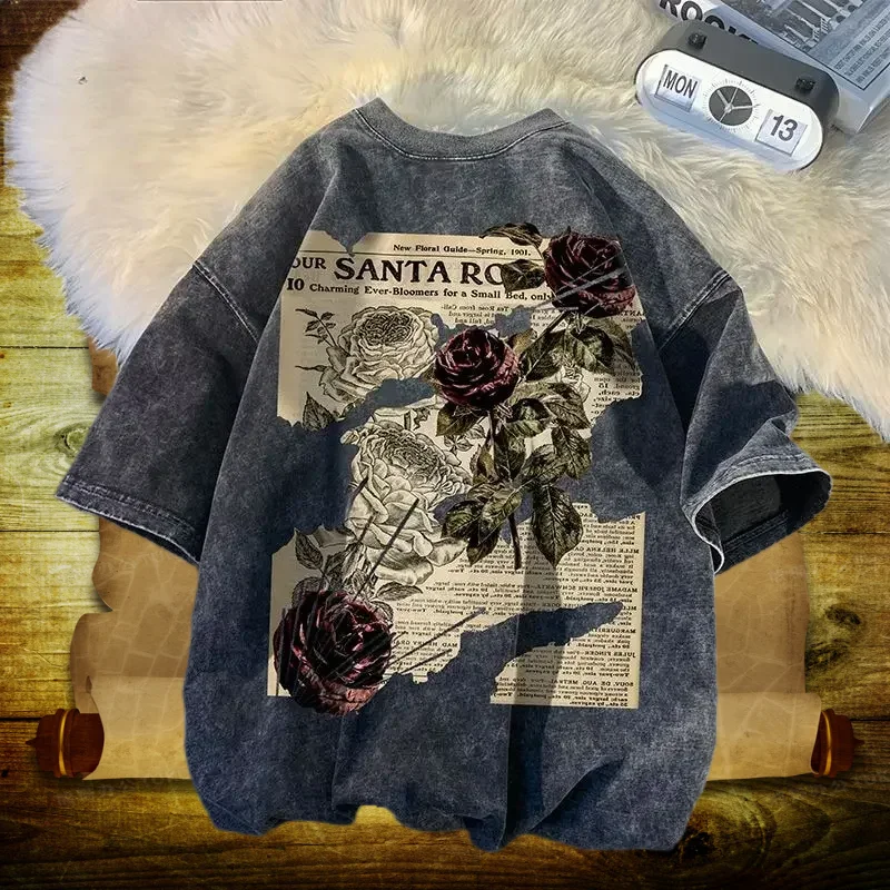 American Retro Distressed Rose Short-sleeved Street Men's and Women's Summer Oversize Loose Casual Y2k Half-sleeved Clothes