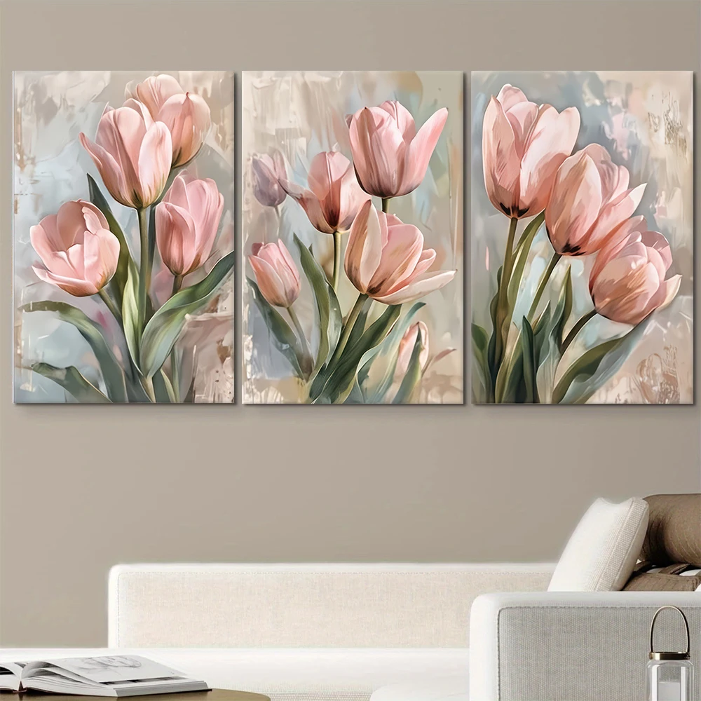 3 Pieces of Modern Minimalist Pink Tulip Canvas Decorative Paintings with Nordic Style Living Room, Bedroom, Entrance Wall Ar