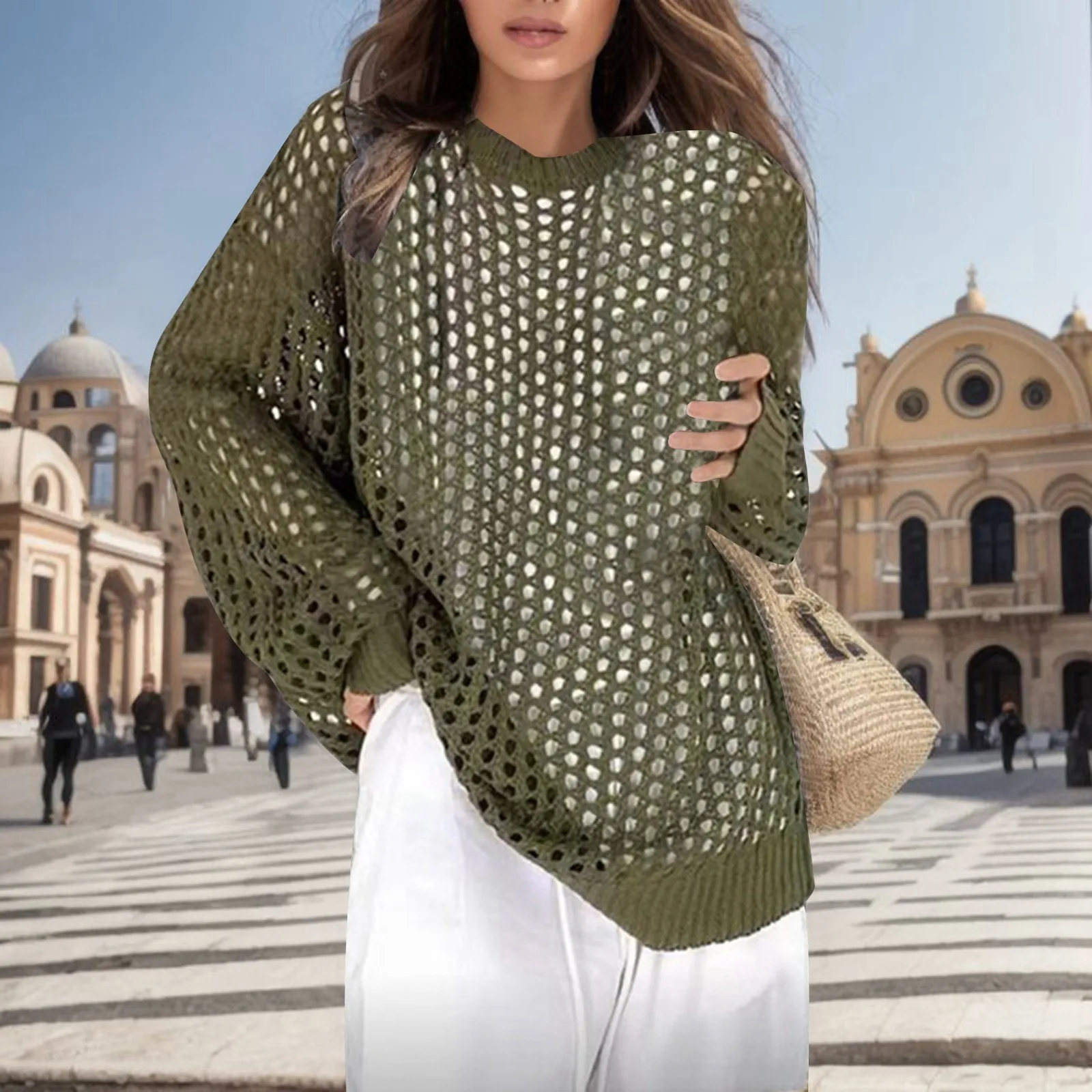 Effen Kleur Gebreide Kleding Voor Vrouwen Ronde Hals Lange Mouw Uitgeholde Mode Blouse Persoonlijkheid Trend Casual All Match Blouse