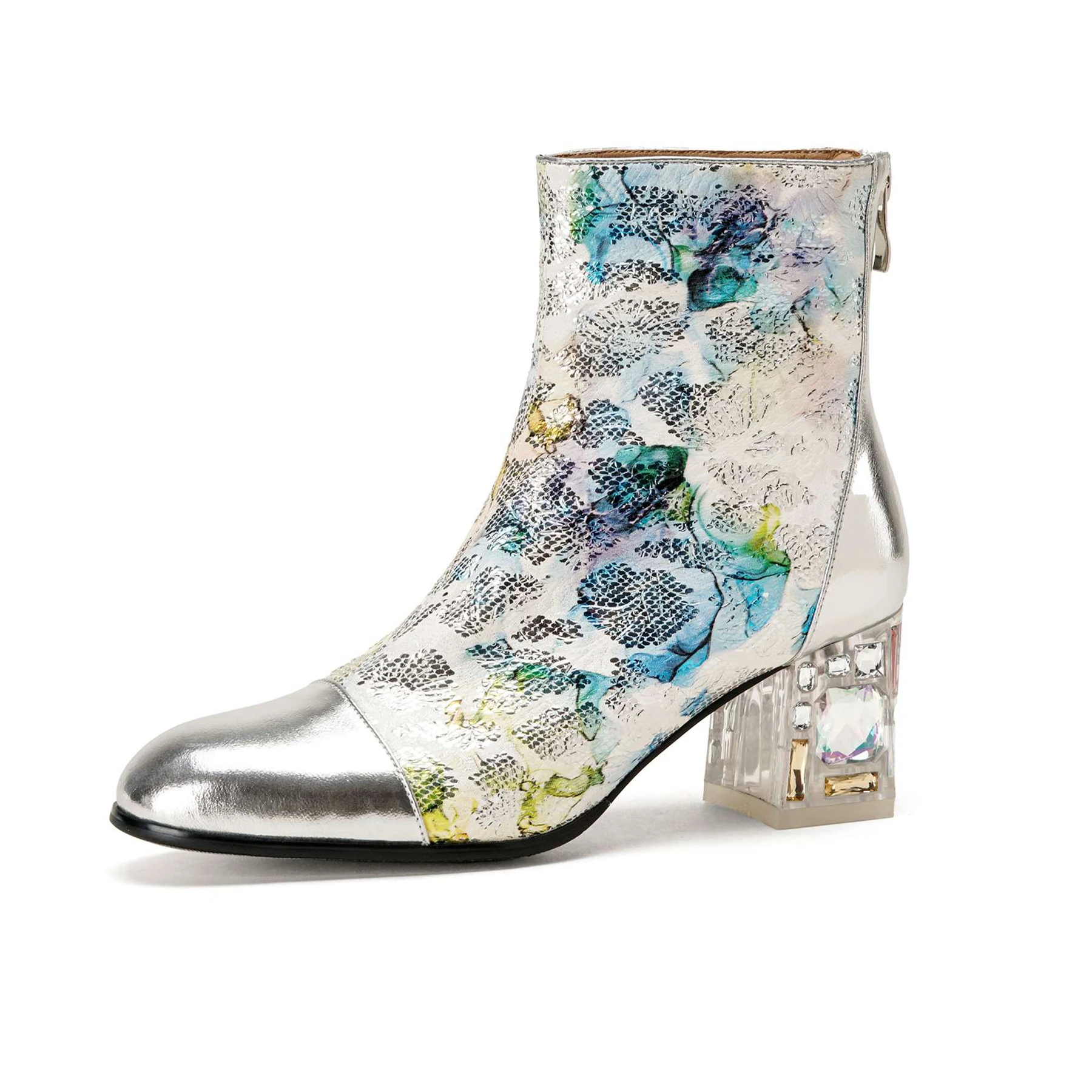 Plus Size Print Leather Round Toe High Heels Zipper Modern Boots Warm Winter Dance Shoes Dating Flowers Casual Brand Ankle Boots