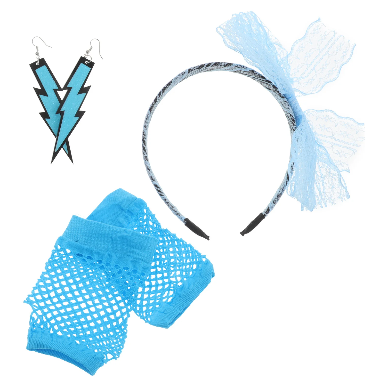 

1Set Women's 80s Retro Party Accessories Lace Headband Neon Earrings Fishnet Fingerless Gloves Vintage Style Fashion Gloves