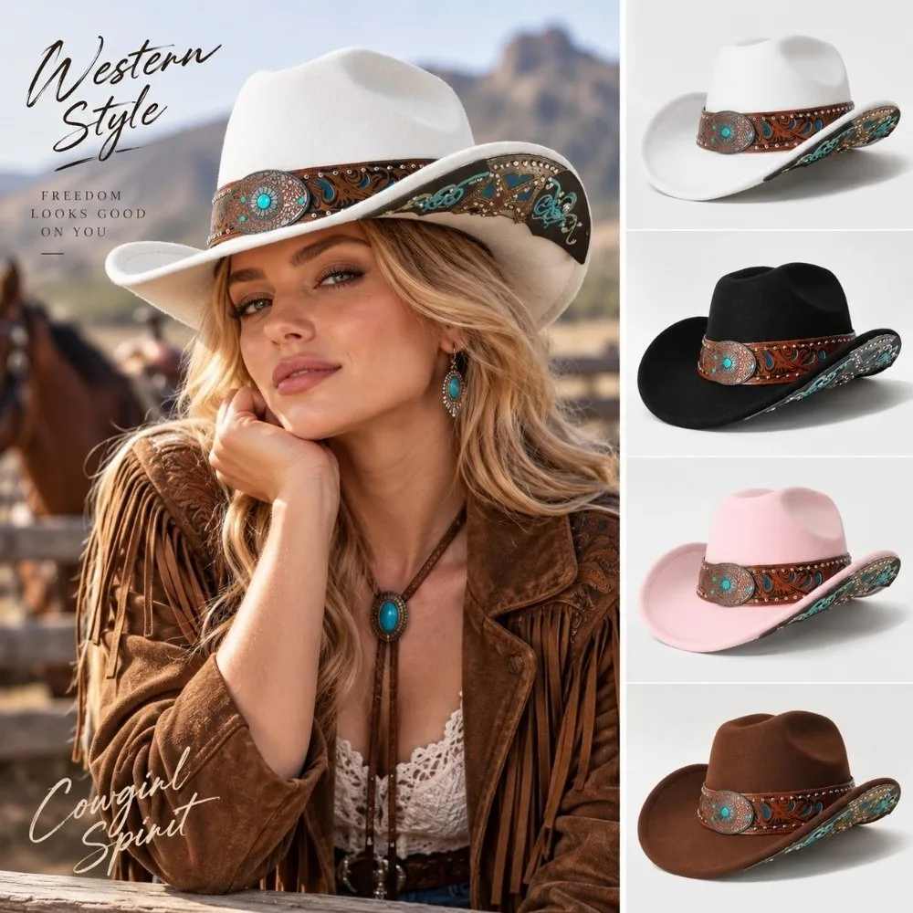 Turquoise Decor Western Cowboy Hat Embossed Band Vintage Cowgirl Hat American Style Retro Party Festival Hat For Women Man
