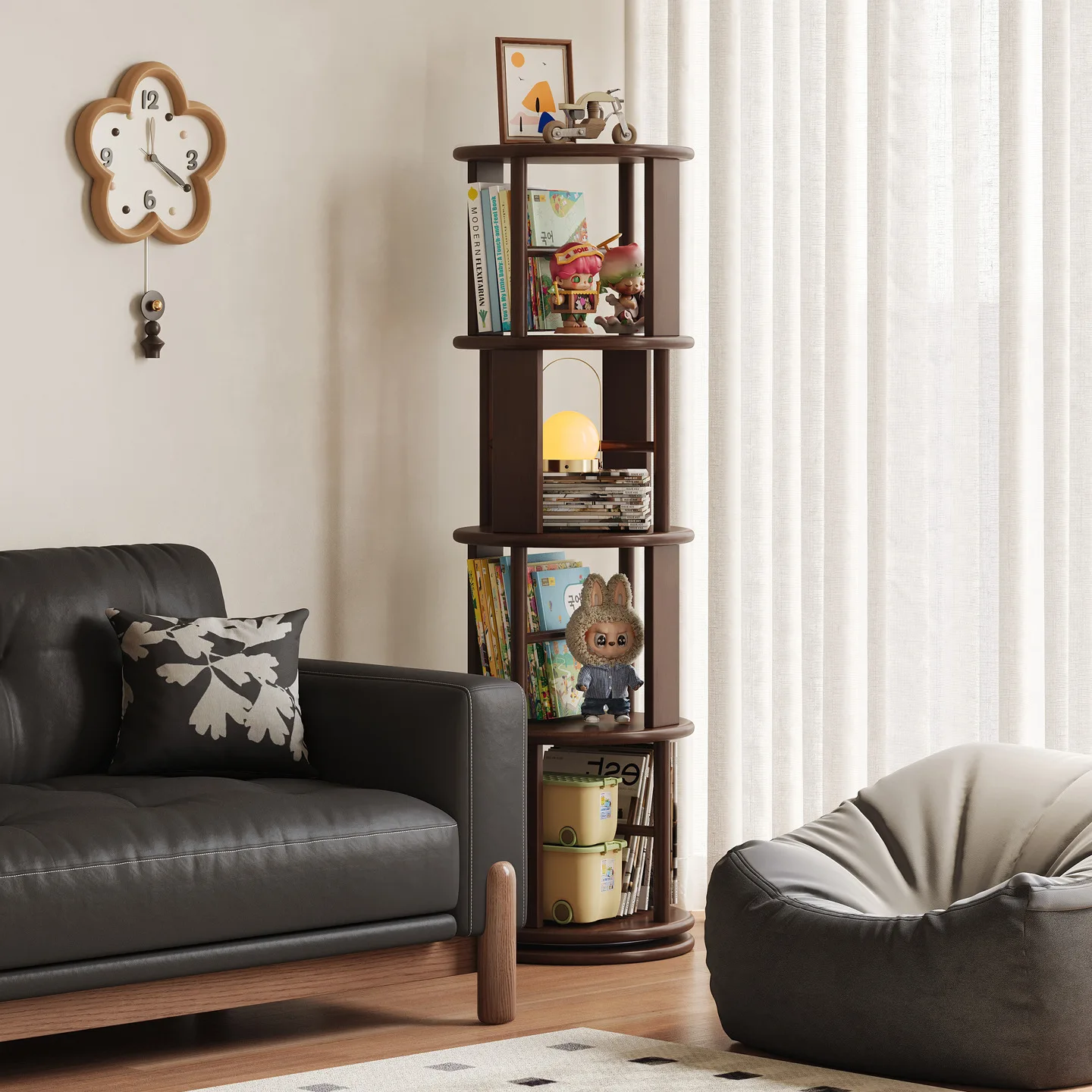 360-Degree rotatable bookshelf Solid wood bookcase Living room corner bookshelf Floor-to-ceiling storage integrated against the