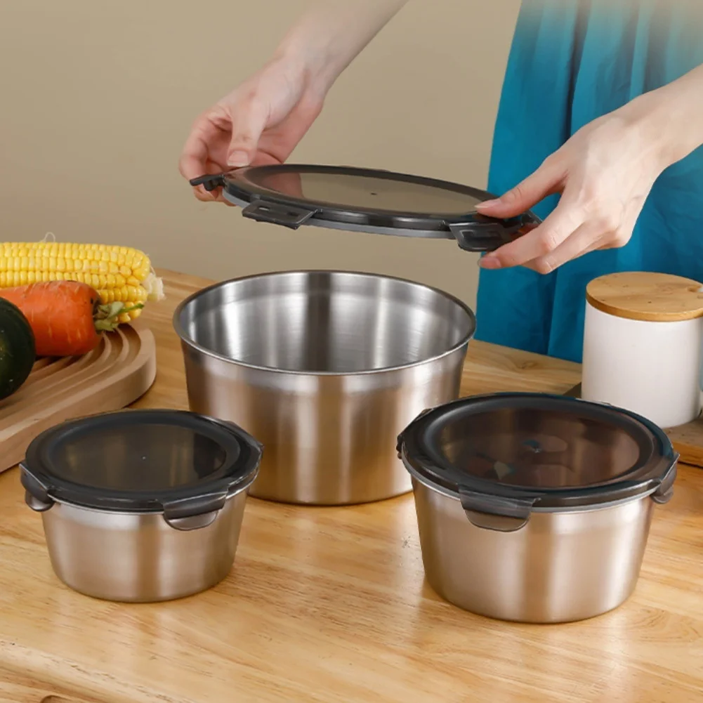Round Stainless Steel Food Containers with Transparent Lids Airtight Seal for Fridge Microwave 13 13 7 cm 4 Units
