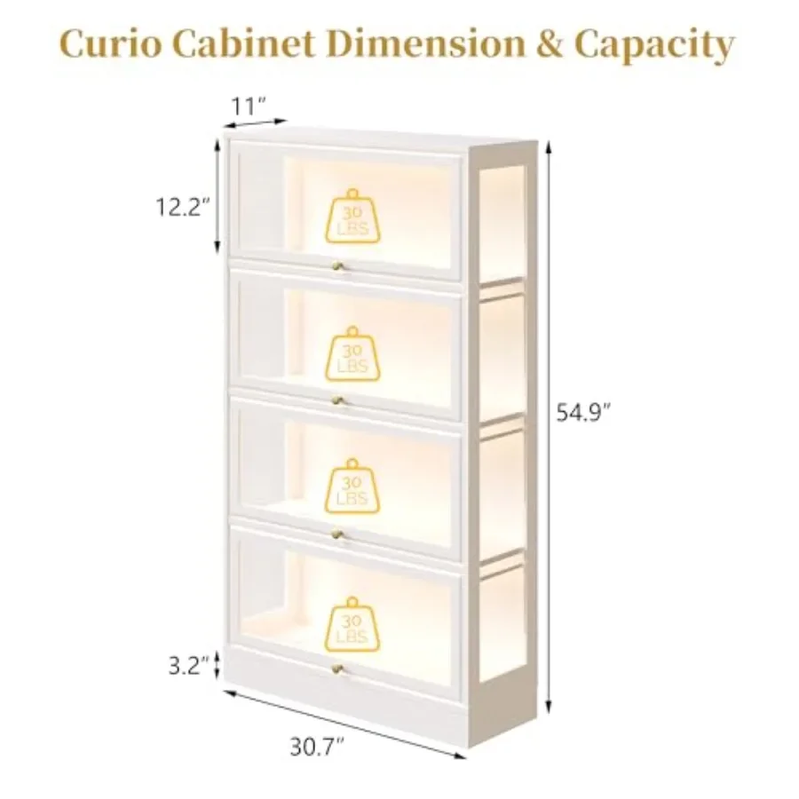 Display cabinet for collectibles and toys, acrylic glass doors, white, 4-tier with LED lighting and organized storage