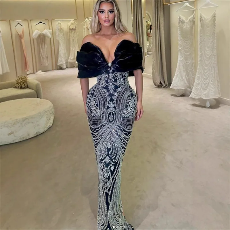 

Сексуальное облегающее платье с открытыми плечами и вышивкой блестками, длинное платье, роскошное светское вечернее платье