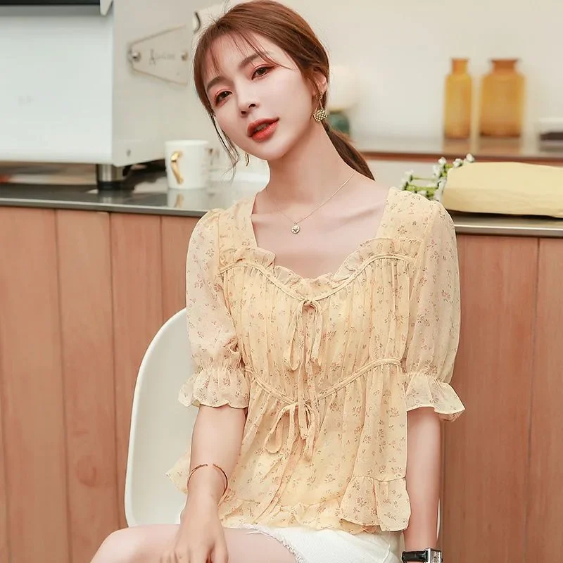 Female Tops with Puffy Sleeves Chiffon Women\'s Shirt and Blouse Sexy Yellow Tall Clothing Trend 2024 Cool Korean Popular Clothes