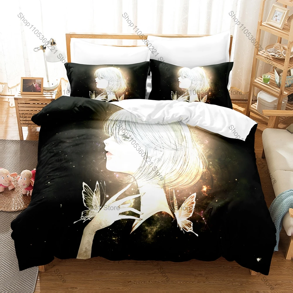 Cool Houseki no Kuni Milky White Pale Blue Light Gray Transparent Crystal Fantasy Anime Bedding Set Duvet Cover + 2 Pillowcases