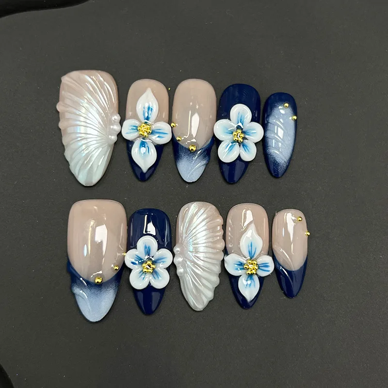 10pcs Handmade Blue Almond Press on Nails with Hand-carving Flowers Design Fake Nails Wearable Reusable Ins French False Nails