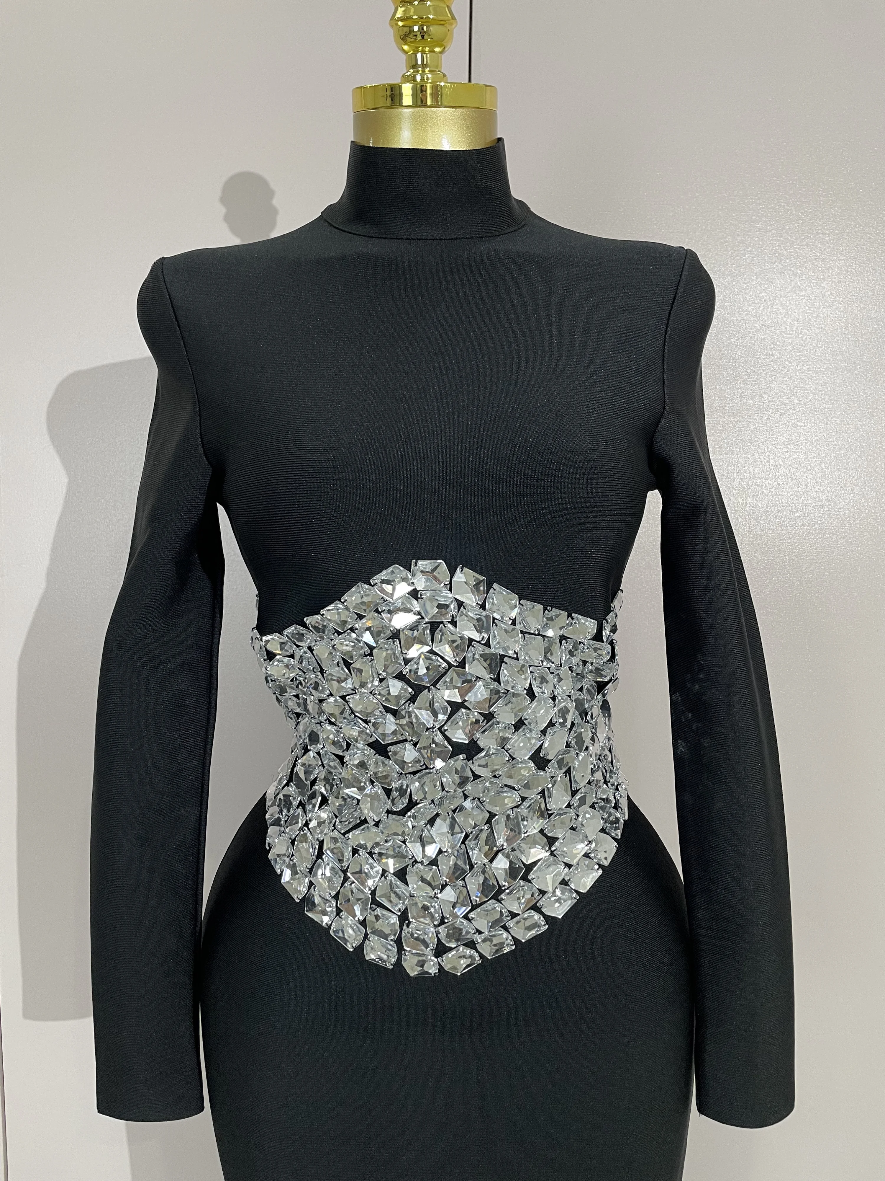 Elegante Sparkly Diamonds Lange Mouwen Bodycon Lange Bandage Jurk Vrouwen Avond Prom Luxe Verjaardagsfeestje Bruiloft Gast Jurken
