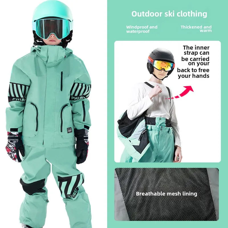 

Phibee Children's Ski Suit Cargo Snow Clothes Boys Winter Warm Outdoor Windproof Waterproof Snowboard Ski Suit Snowsuit for Kids