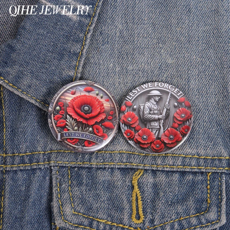 Lest We Forget Red Flower & Soldier Holding Rifle Tinplate Soft Button Pins Retro Memorial Medal Badge Brooch Lapel Jewelry Gift
