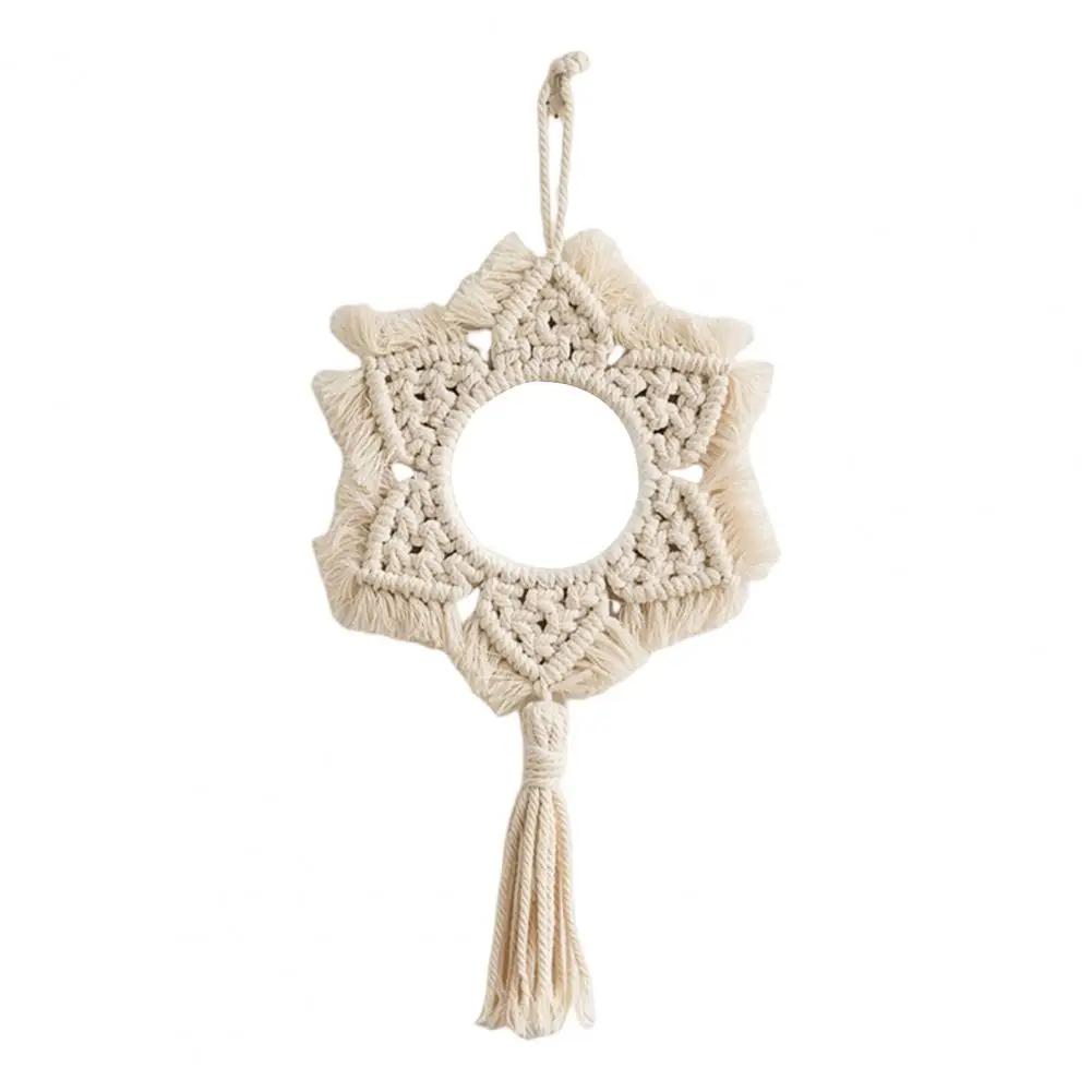 Hand-woven Cotton Rope Mirror Hand Knitted Boho Fringe Round Wall Mirror Handmade Flower Shape Decorative Mirror Farmhouse