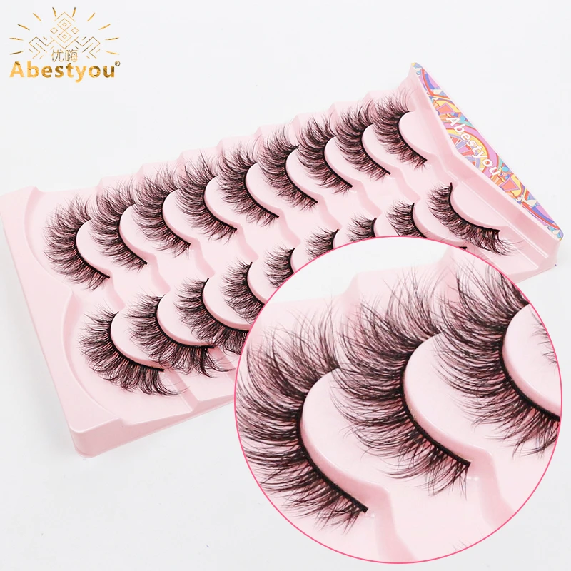 Abestyou 9pairs 5D Faux Mink Hair False Eyelashes Natural Messy Eyelash Crisscross Light Fluffy Lashes Extension Japanese Makeup