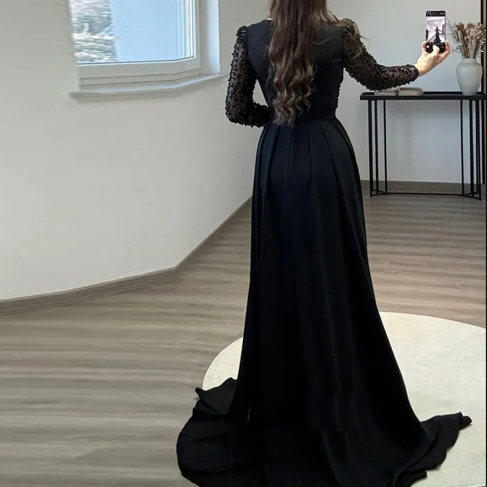 فساتين سهرة مطرزة حسب الطلب مع ذيل قابل للانفصال ورقبة على شكل V وأكمام طويلة فستان رسمي من الساتان حورية البحر لحفلات الزفاف #4