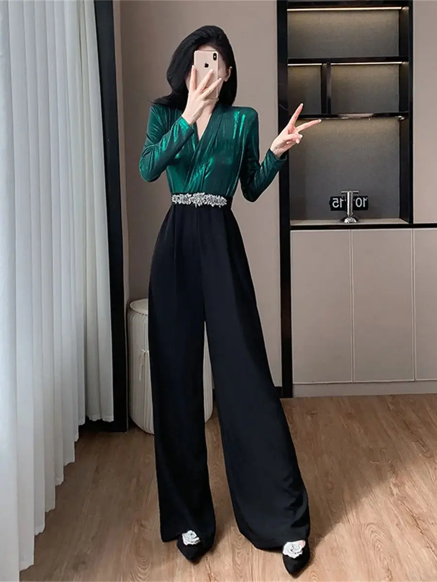 Autumn New Jumpsuit Women Temperament Elegant V-neck Color Collision Splicing Diamonds Slim Wide Leg Pants