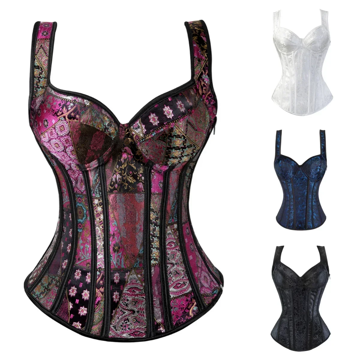 Corset brodé de fleurs pour femmes, bustier à bretelles vintage, jacquard, fermeture éclair, corsage push-up, bustiers en dentelle, costume de fête