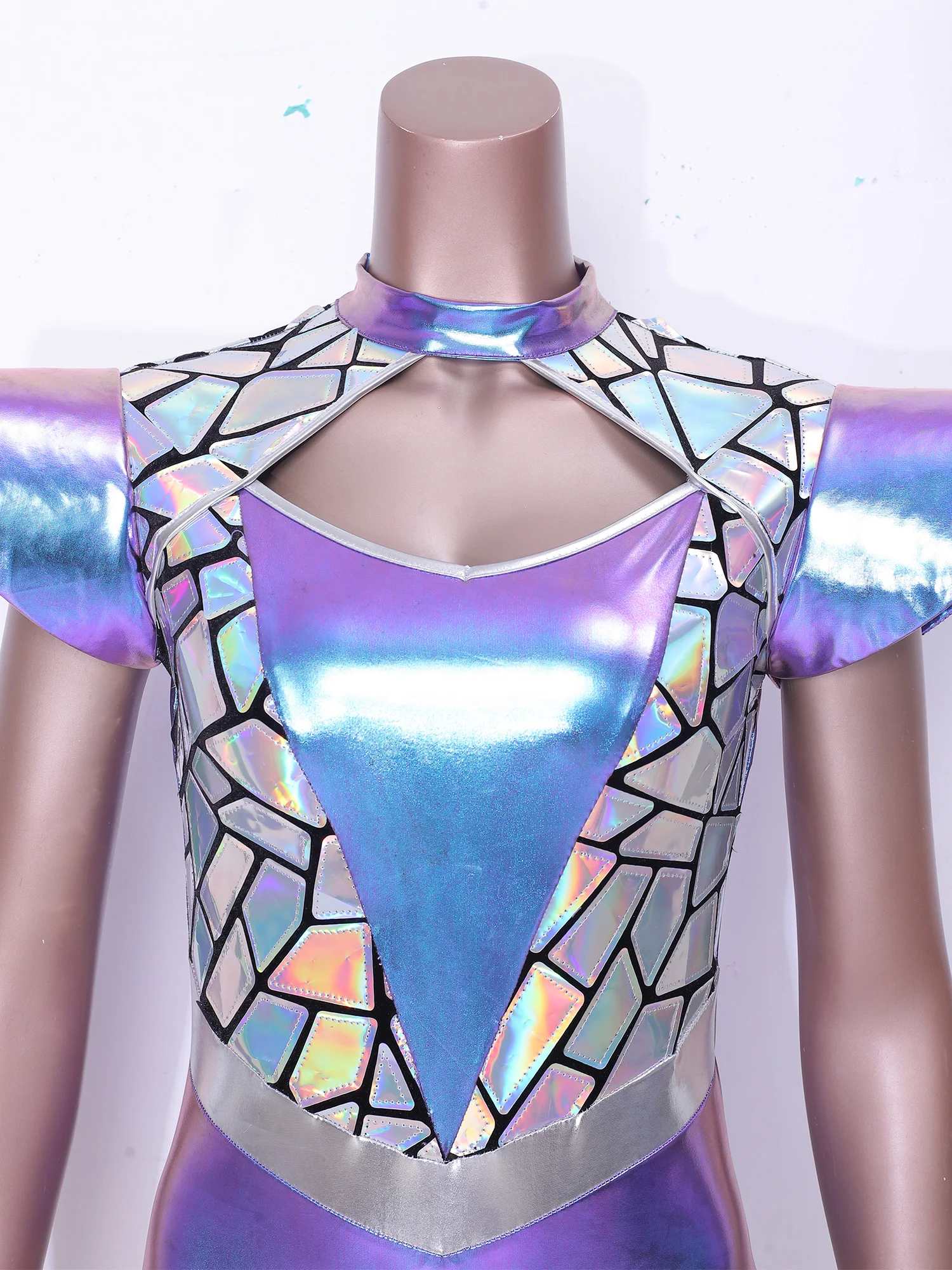 Womens Alien Robot Cosplay Leotard Metallic Shiny Bodysuit Gradient Sequins Front Cutout Fly Sleeve Moc Kneck Carnival Dress Up view 4