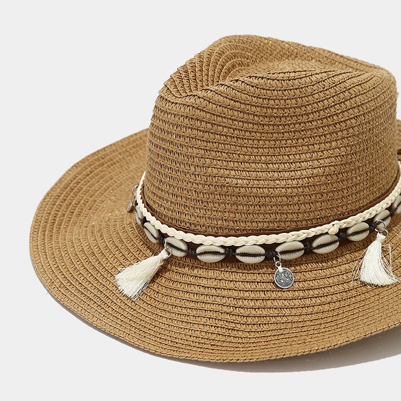 European and American men's and women's fashion shell tassel decorated beach sand vacation sun hat with ethnic style and western