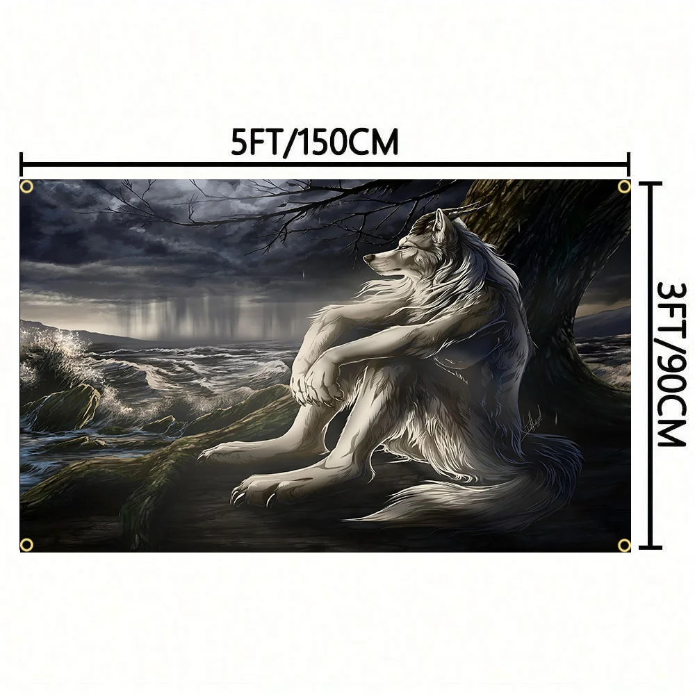 90X150CM Emo White Wolf Sitting Werewolf Magical Animals Wolves Flag Tapestry Wall Hanging Bed Room Bar Aesthetic Room Decor