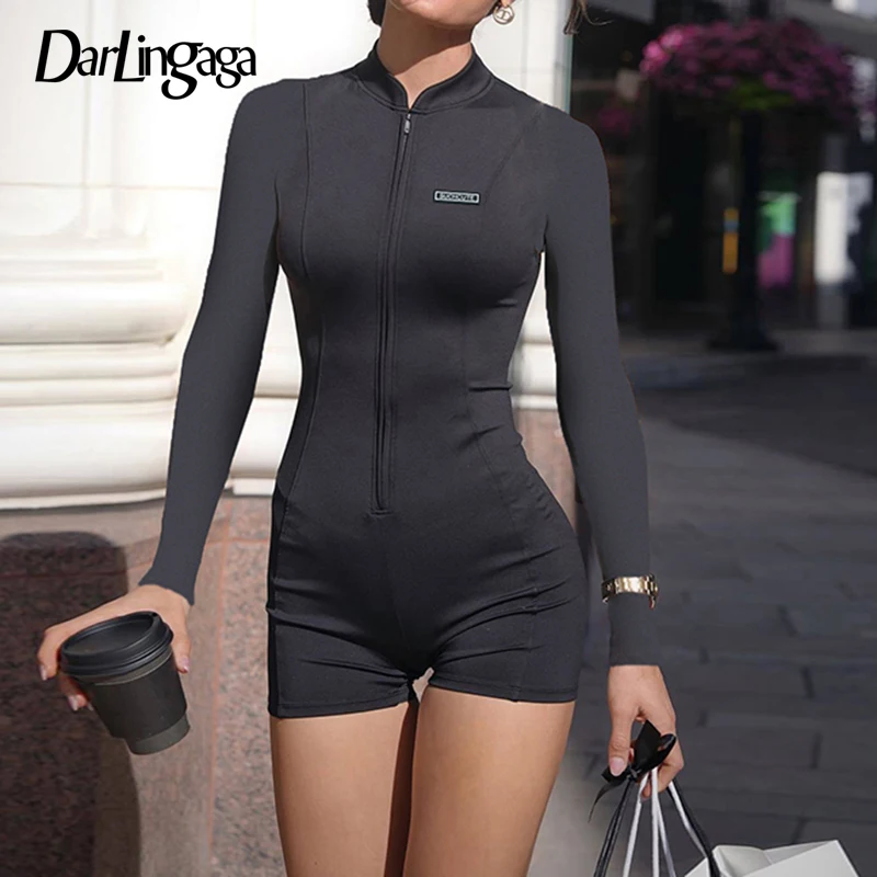 

Darlingaga Streetwear Fitness Stitched Autumn Playsuit Women Sporty Chic Zipper Bodysuit Long Sleeve Basic Jumpsuit Stand Collar