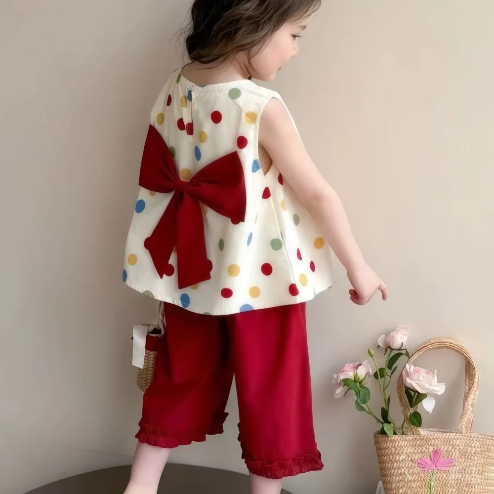 النسخة الكورية أزياء الفتيات دعوى موجة نقطة القوس سترة + الدانتيل مستقيم الساق السراويل قطعتين مجموعة ملابس الأطفال صيف جديد #4