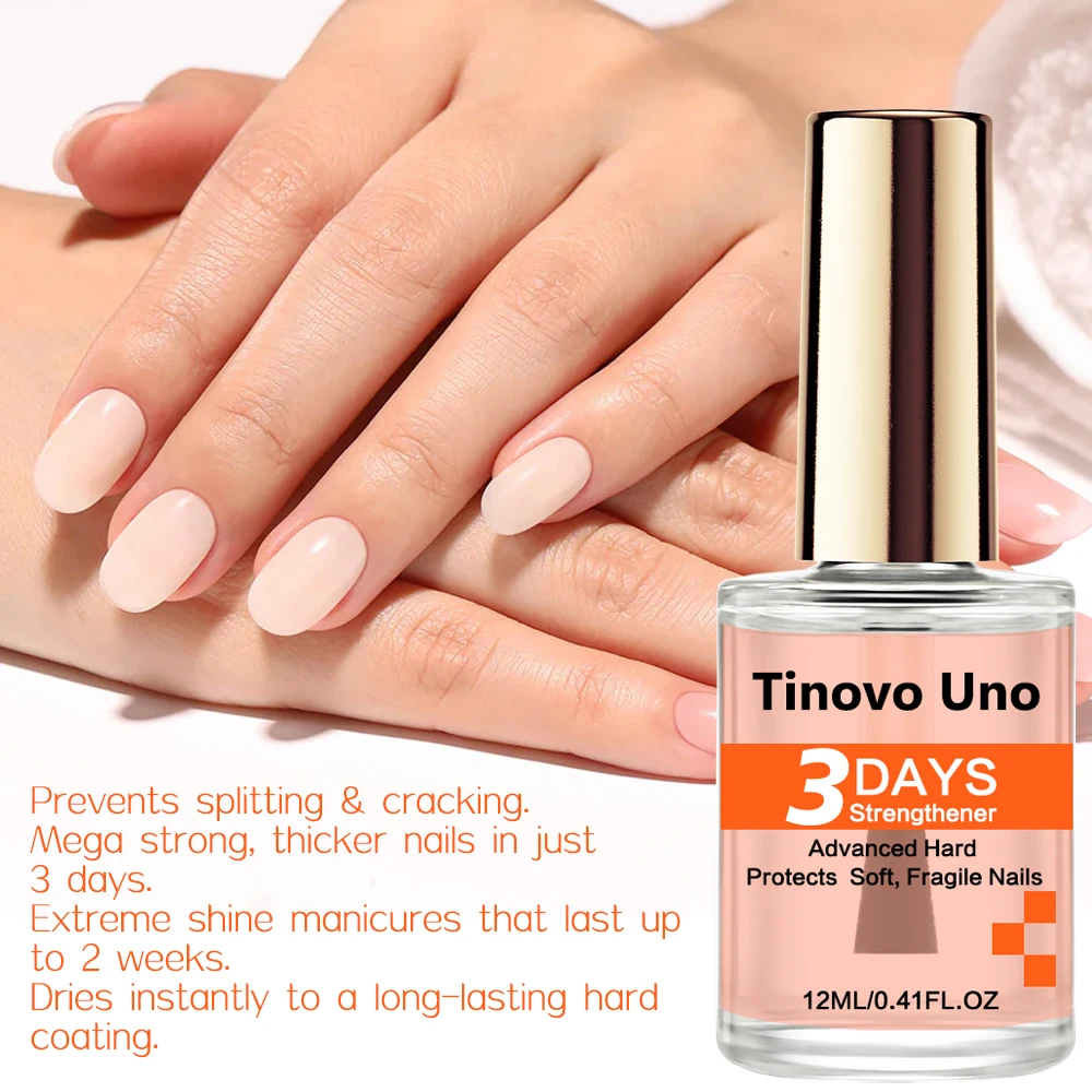 Tinovo Uno 3 Days Nail Strengthener Growth Keratin Pink Strong Nail Hardener Protection for Soft Thin Nails Natural Dry Base Top