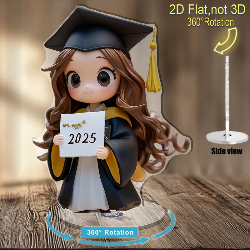 Conjunto de una pieza, decoración giratoria de acrílico impresa en 2D, chica de dibujos animados con vestido de graduación, con trenzas onduladas marrones que sostienen un papel con la inscripción "2025", perfecto para celebrar hitos y regalar a seres queridos, plano en 2D.