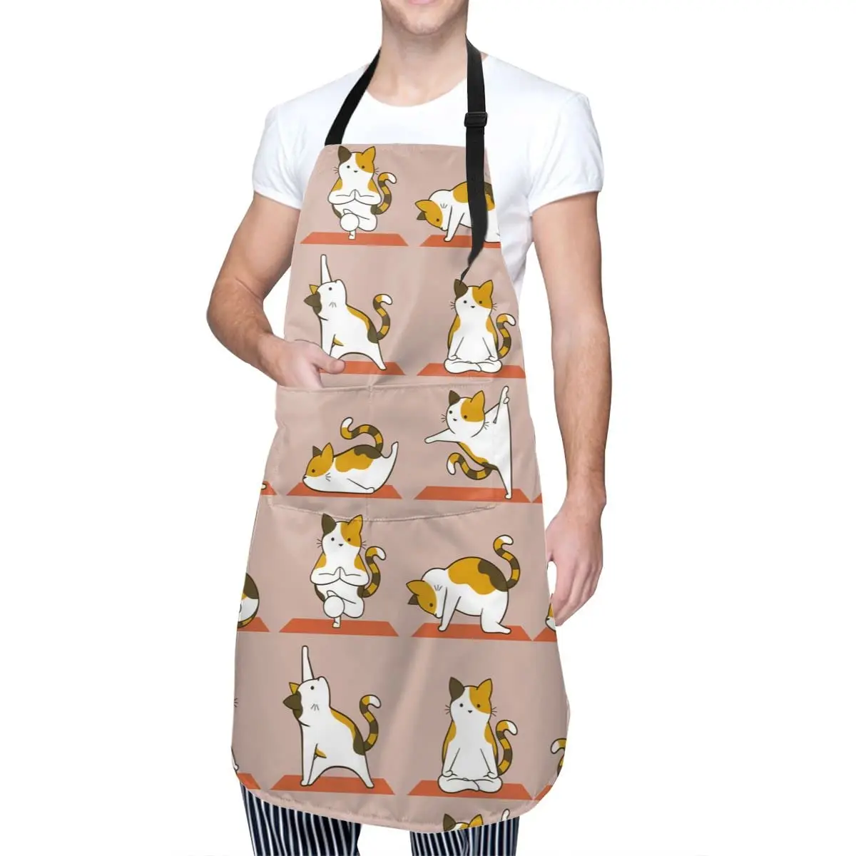 Yoga Cat Adjustable Bib Neck Apron Polyester with 2 Pockets Cooking Kitchen Aprons for Men and Women Chef, Mom Aunt apron