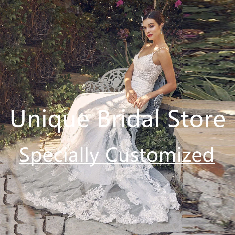 Vestido De Novia De sirena De encaje personalizado, tirantes finos, cuello en V, sin mangas, apliques, cola De corte, Espalda descubierta, Vestidos De Novia Corte Si