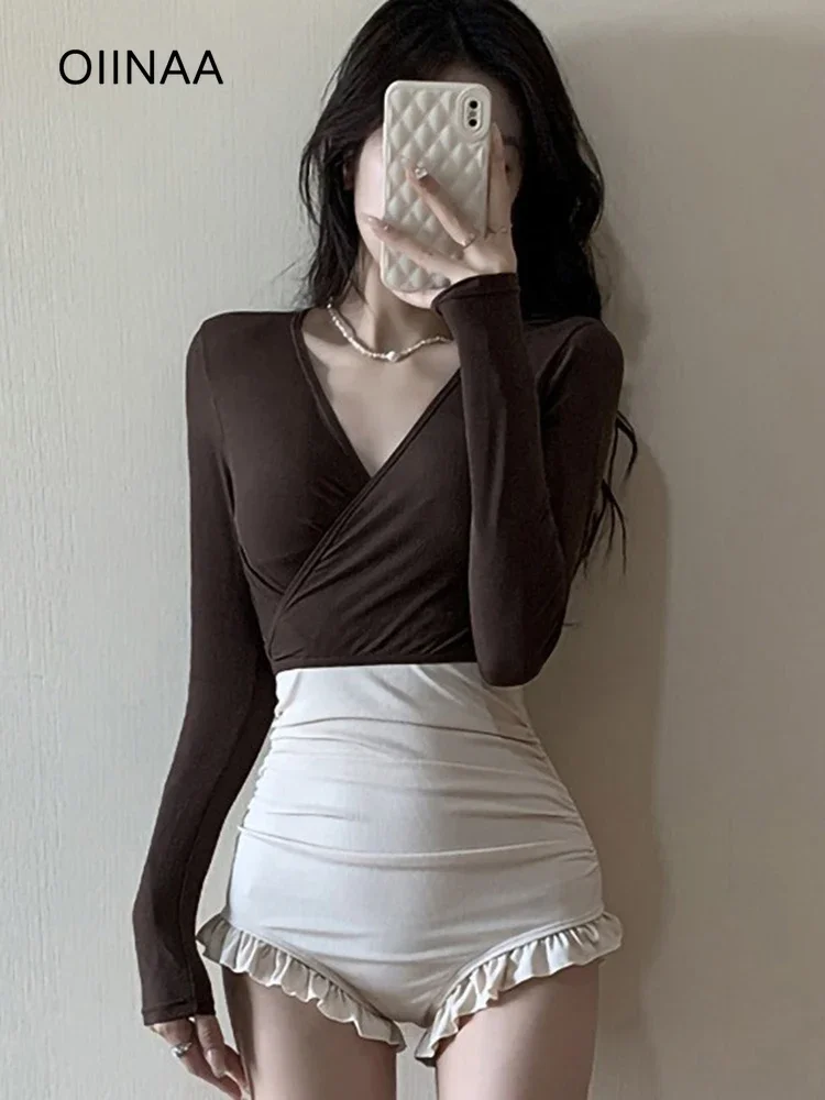 

OIINAA Contrast Color Swimwear Women Bodysuit Long Sleeve Cover-Ups Ruffled Fashion Bathing Suit Summer 2025 Hot Spring Swimwear