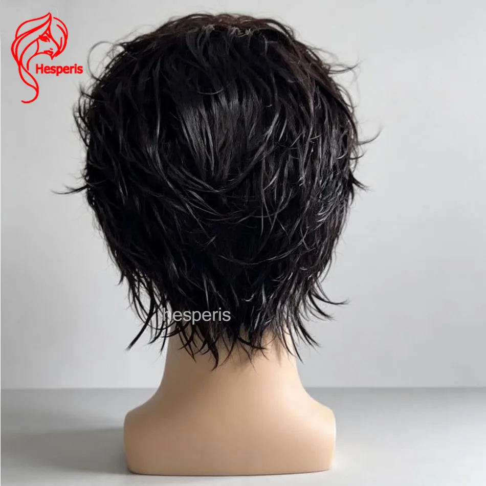 Hesperis Men Lace Front Wig Black Wet Look Mullet Short Wig Natural Hairline 100% Human Hair Wigs For Men Daily Party Cosply